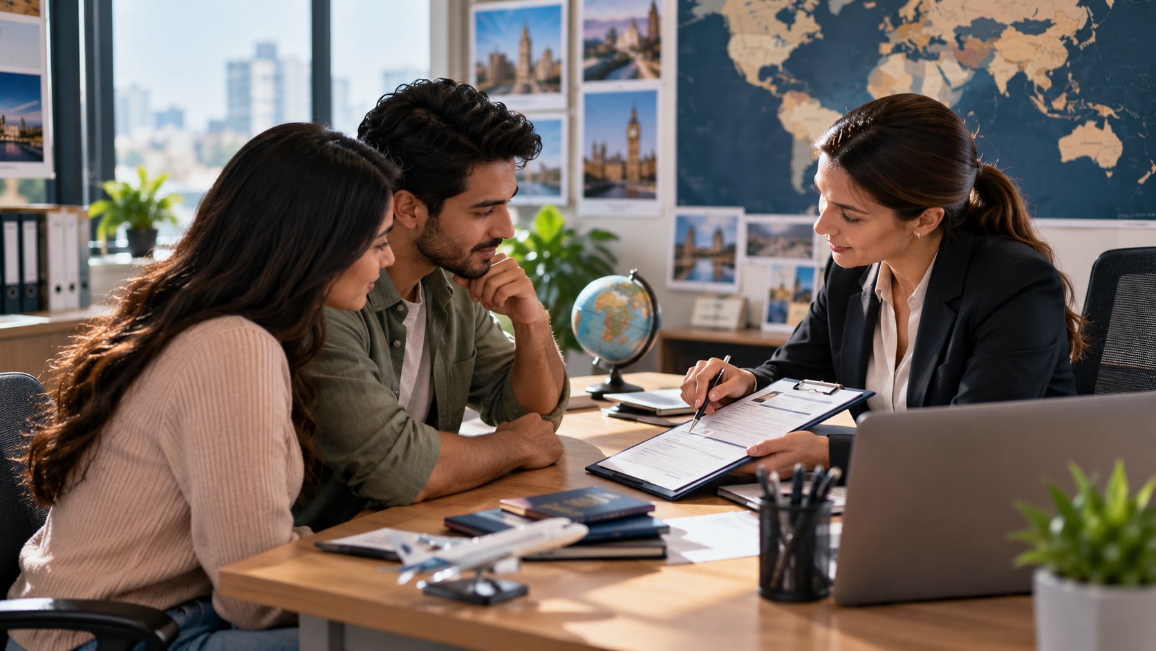 Adviser writes on a clipboard facing a couple, globe, world map and passports on the desk