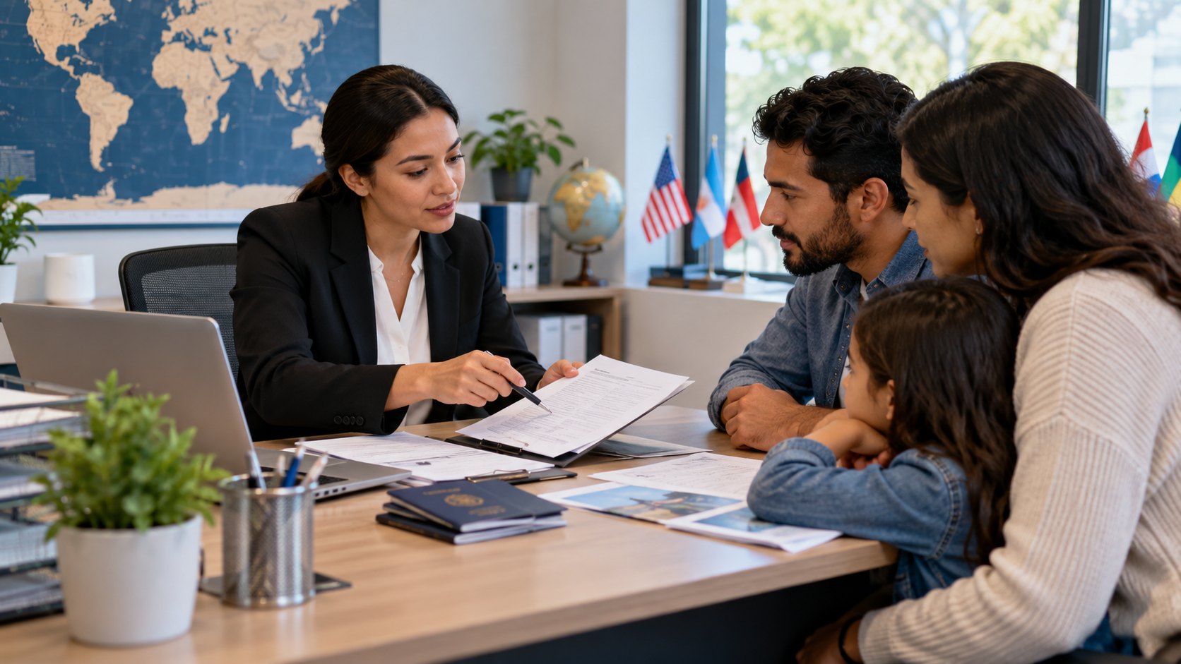 Adviser with a pen over papers faces a man, woman and child, world map behind