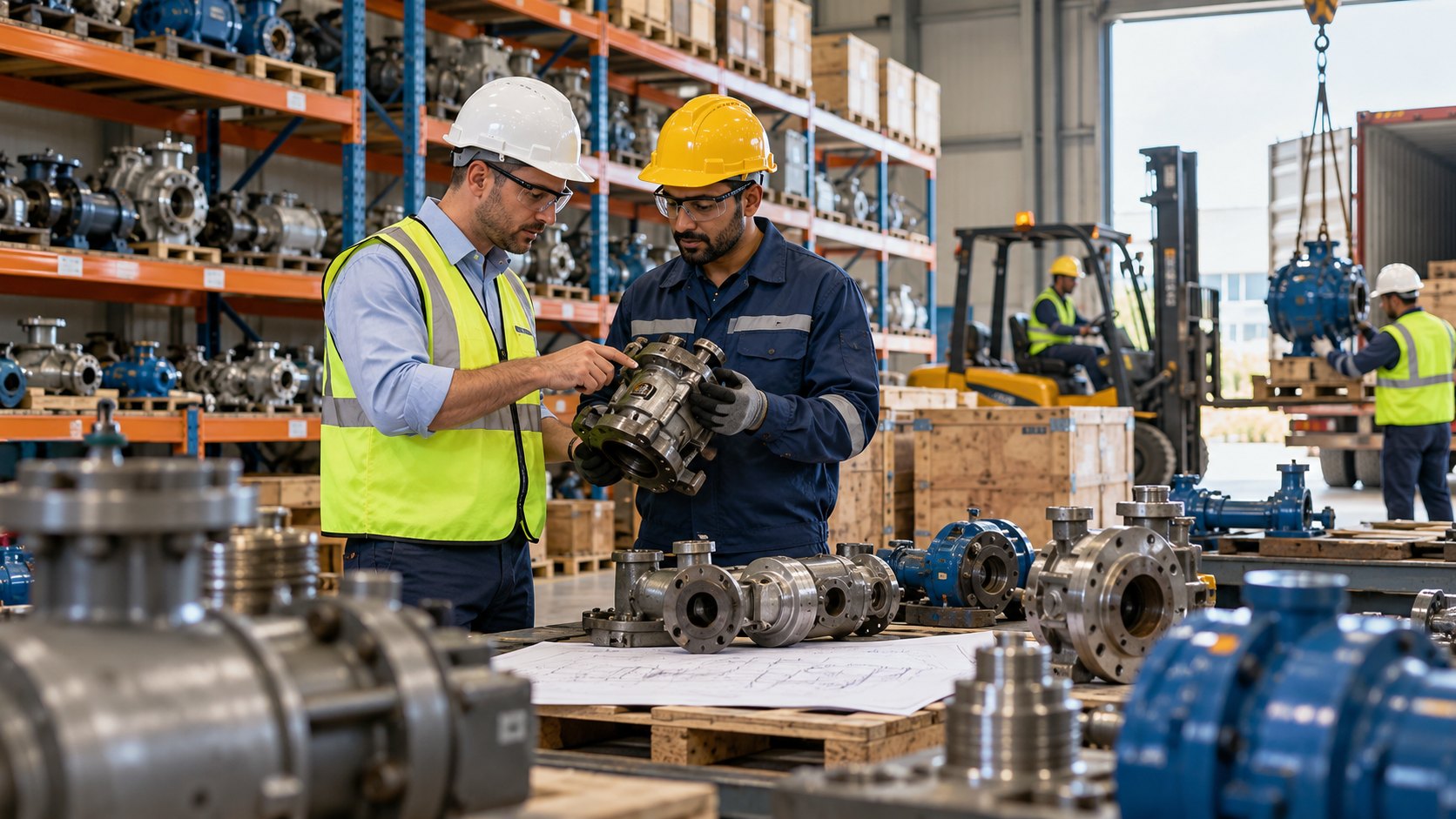 Two men inspect a metal valve part among shelves of blue valves and steel flanges