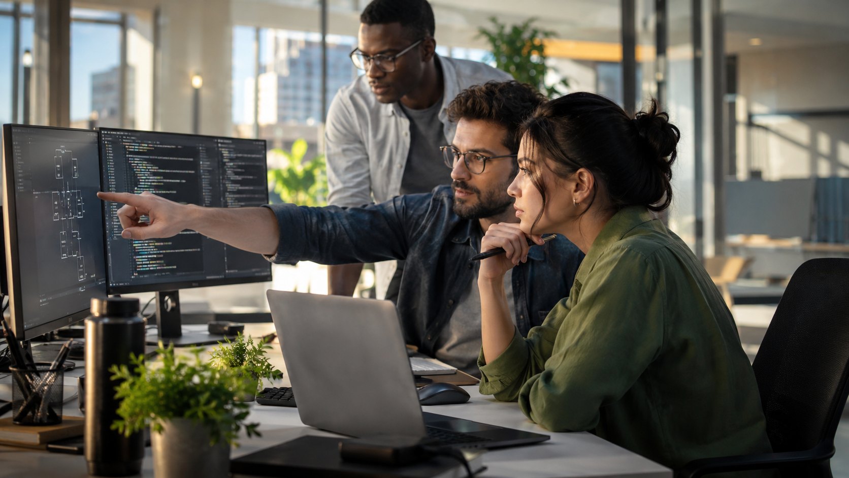 Three people lean toward a monitor of code, one pointing, laptop open on the dark desk