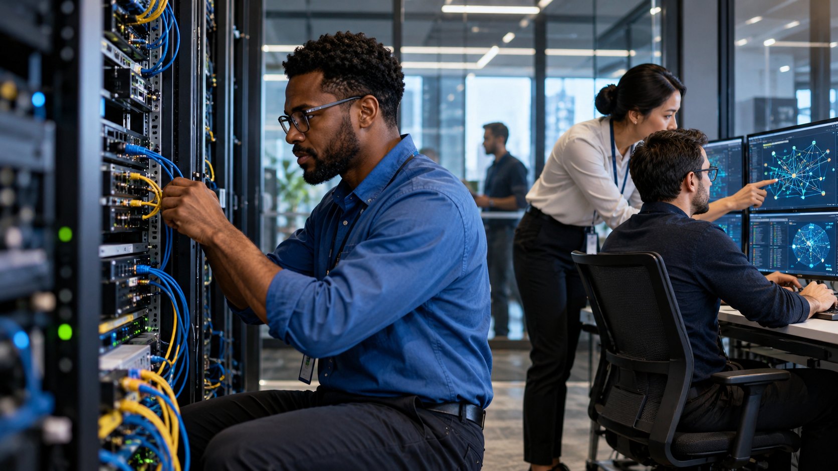 Man crouches plugging cables into a server rack, colleagues at monitors showing a network graph