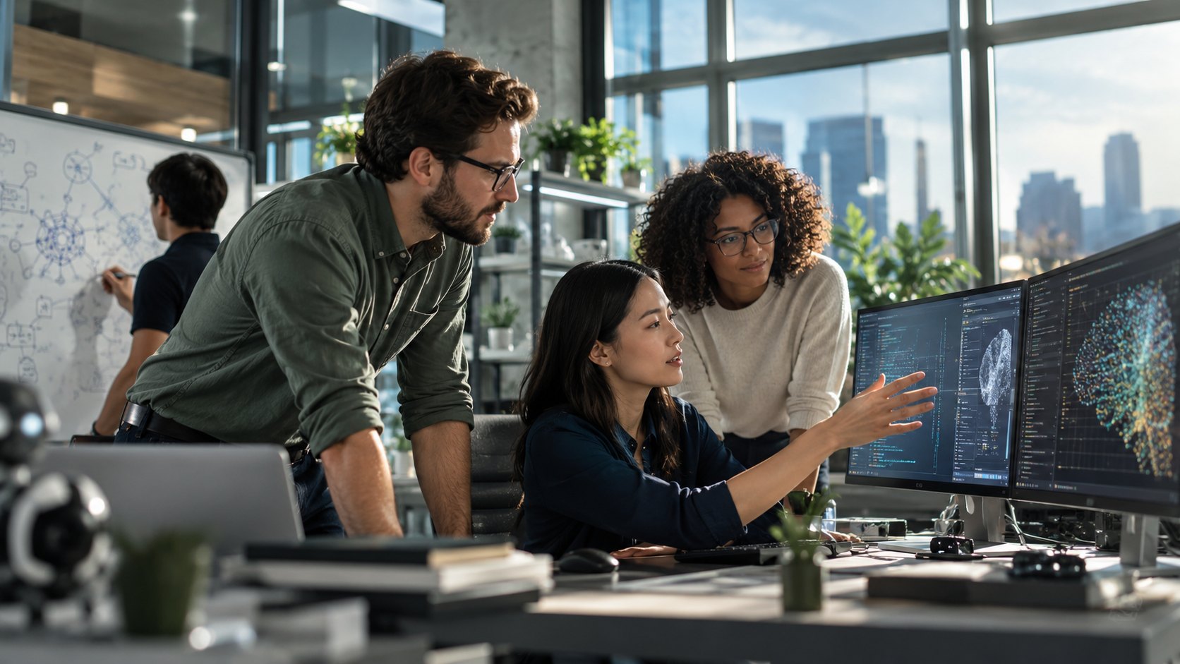 Three colleagues study twin monitors showing brain graphics, one seated and pointing, city towers behind glass