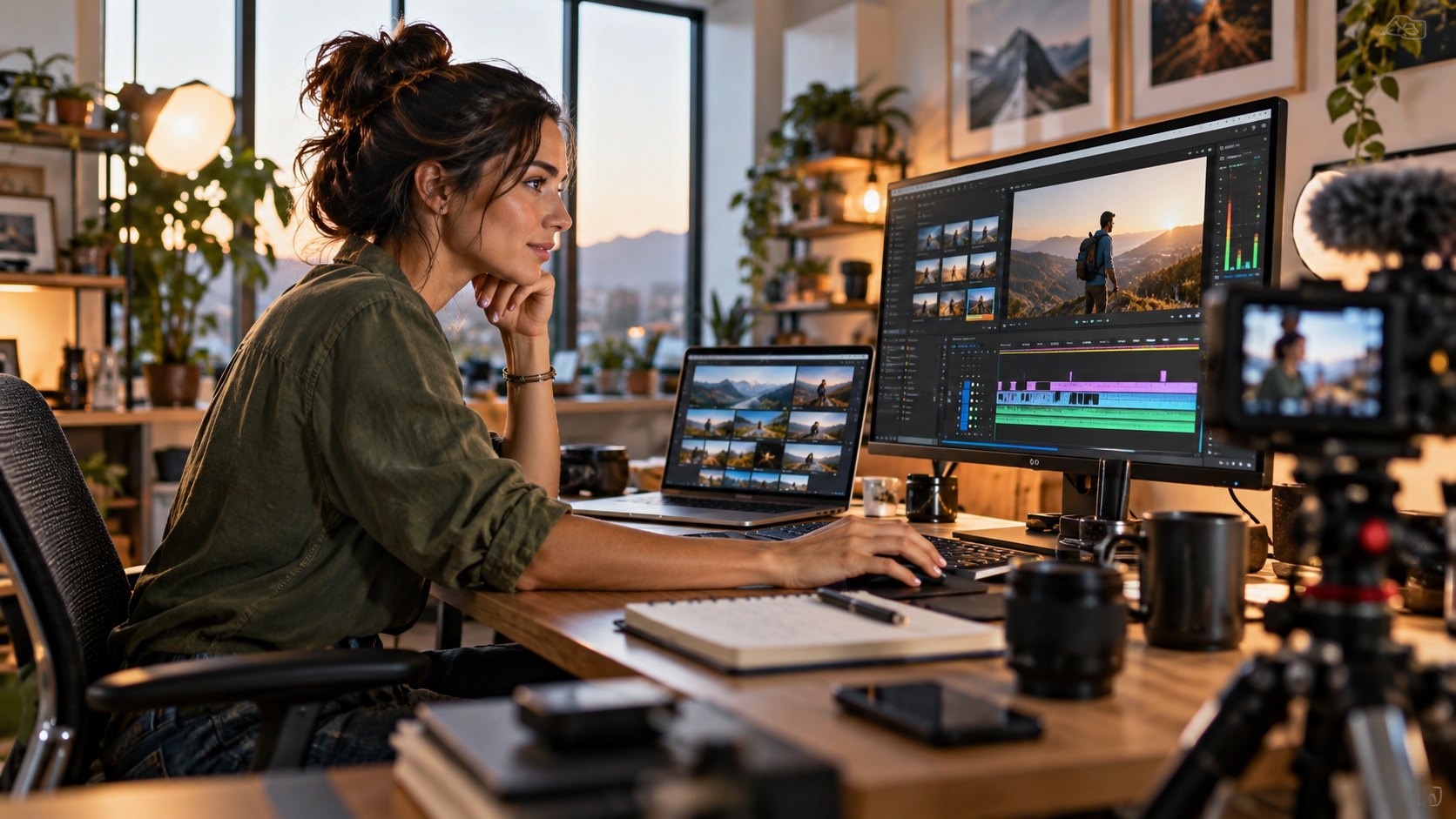 Woman at a desk editing footage on a monitor, laptop, lenses and microphone around her