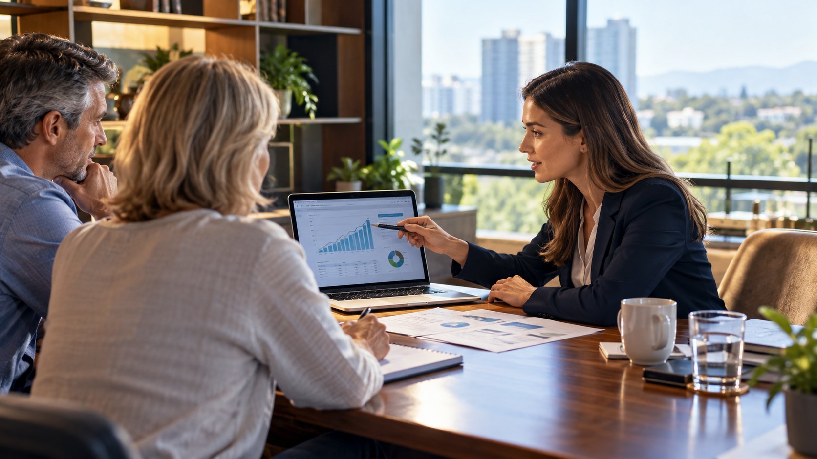 Woman points at a laptop chart for an older couple seen from behind, papers and cups
