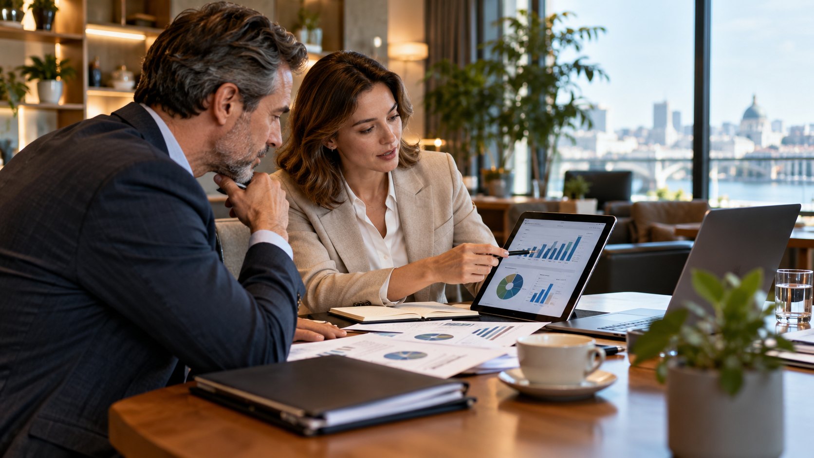 Older man and a woman in cream blazer read laptop charts beside printed graphs
