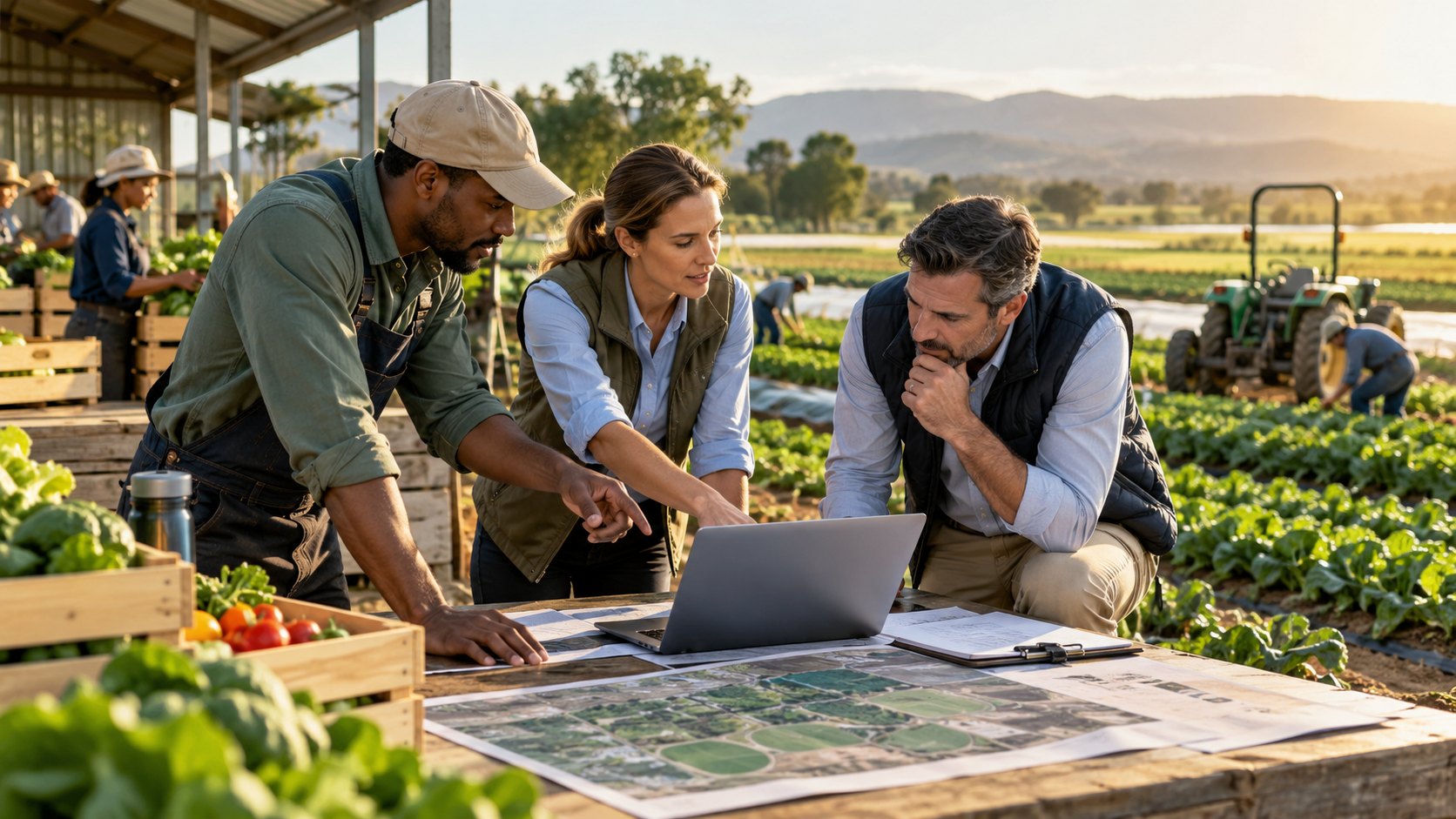 Three people study a laptop and field maps on a bench beside crates of vegetables