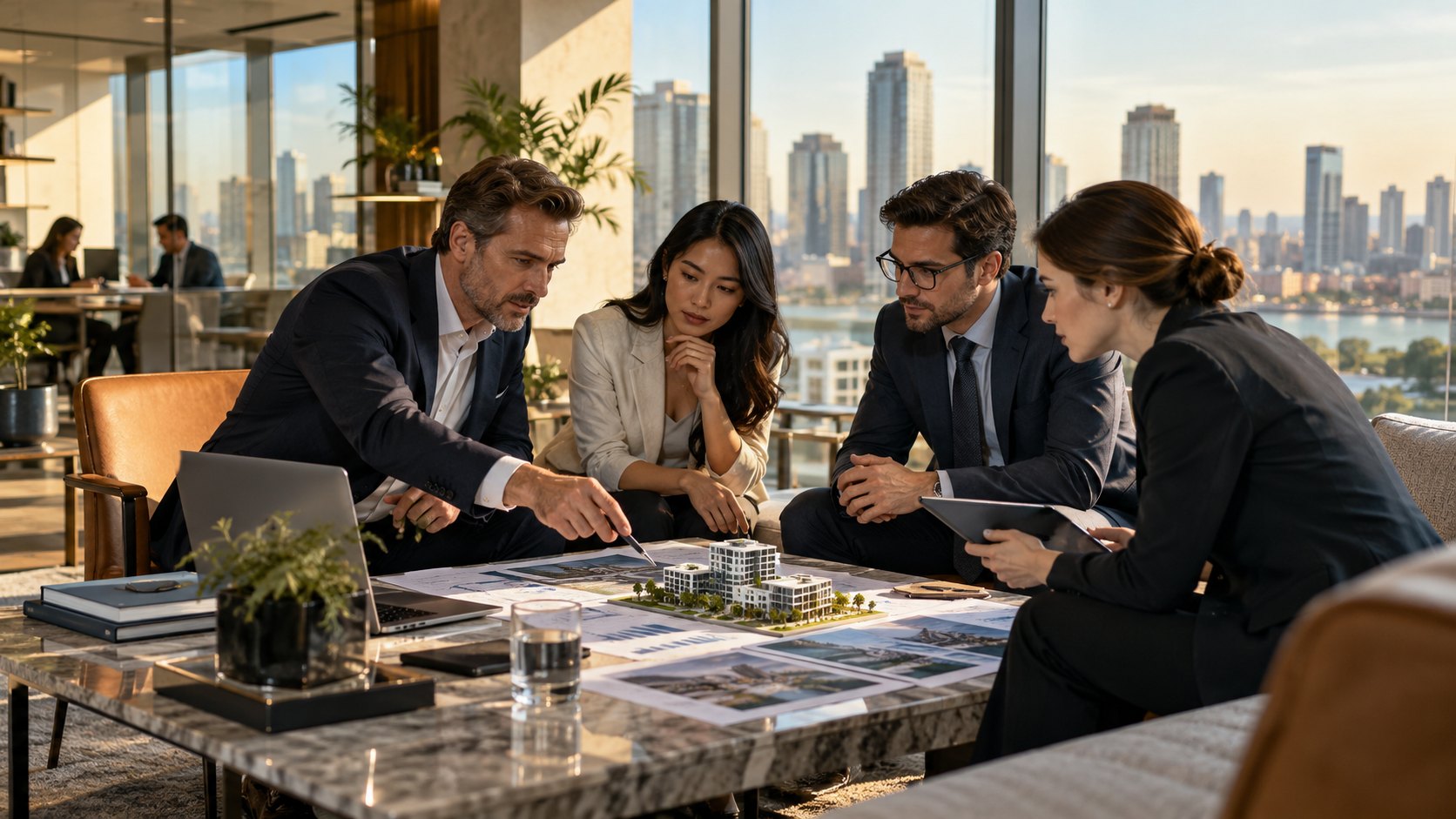 Four colleagues lean over a small site model and printed renderings on a marble lounge table