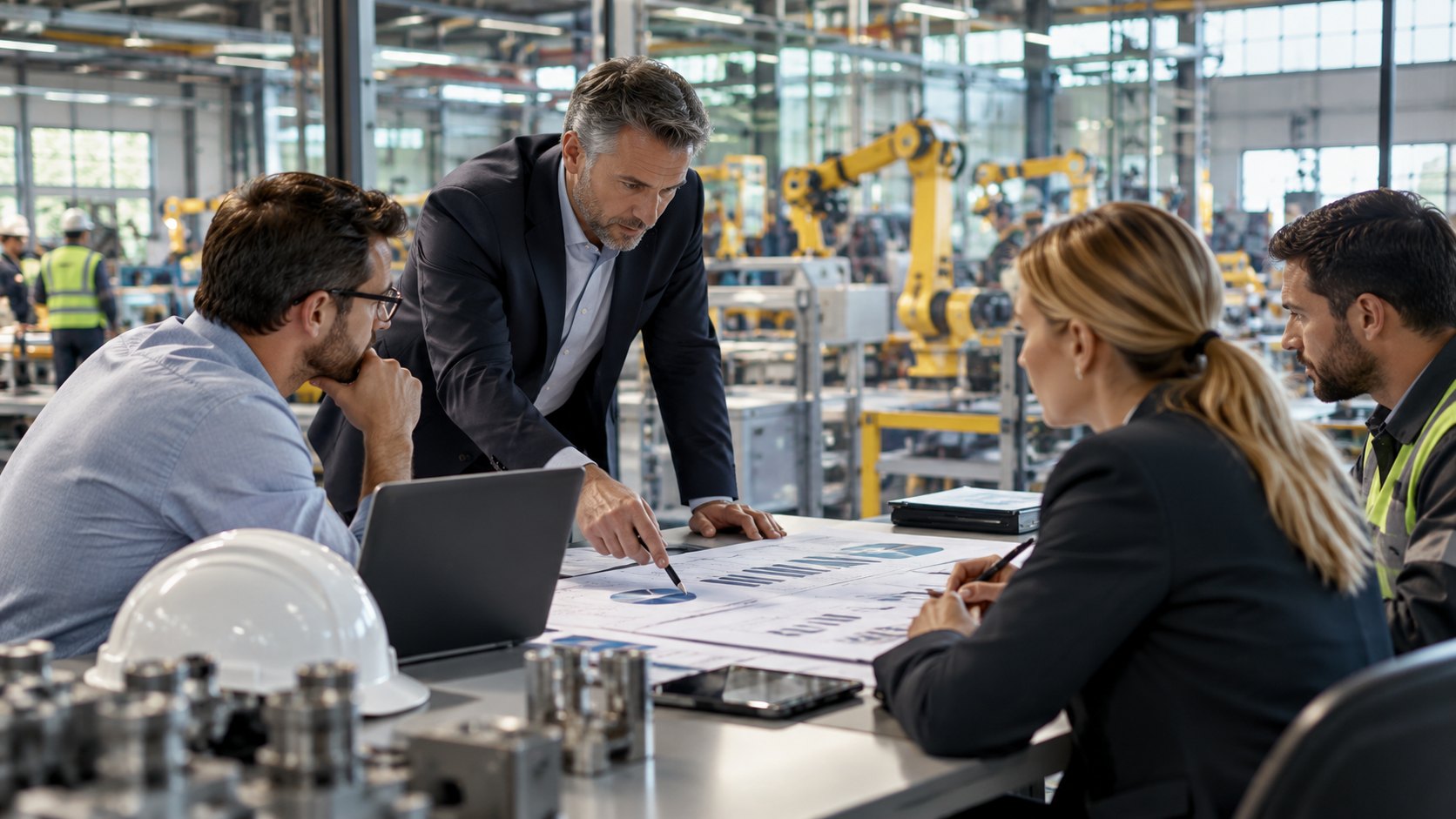 Four people confer over drawings in a factory, hard hat and machined parts on the table