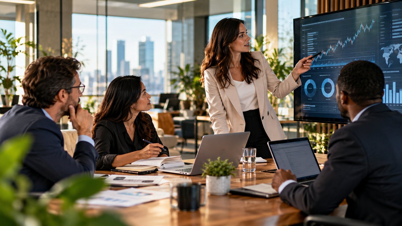 Woman stands pointing at line and donut charts while four colleagues watch from a wooden table