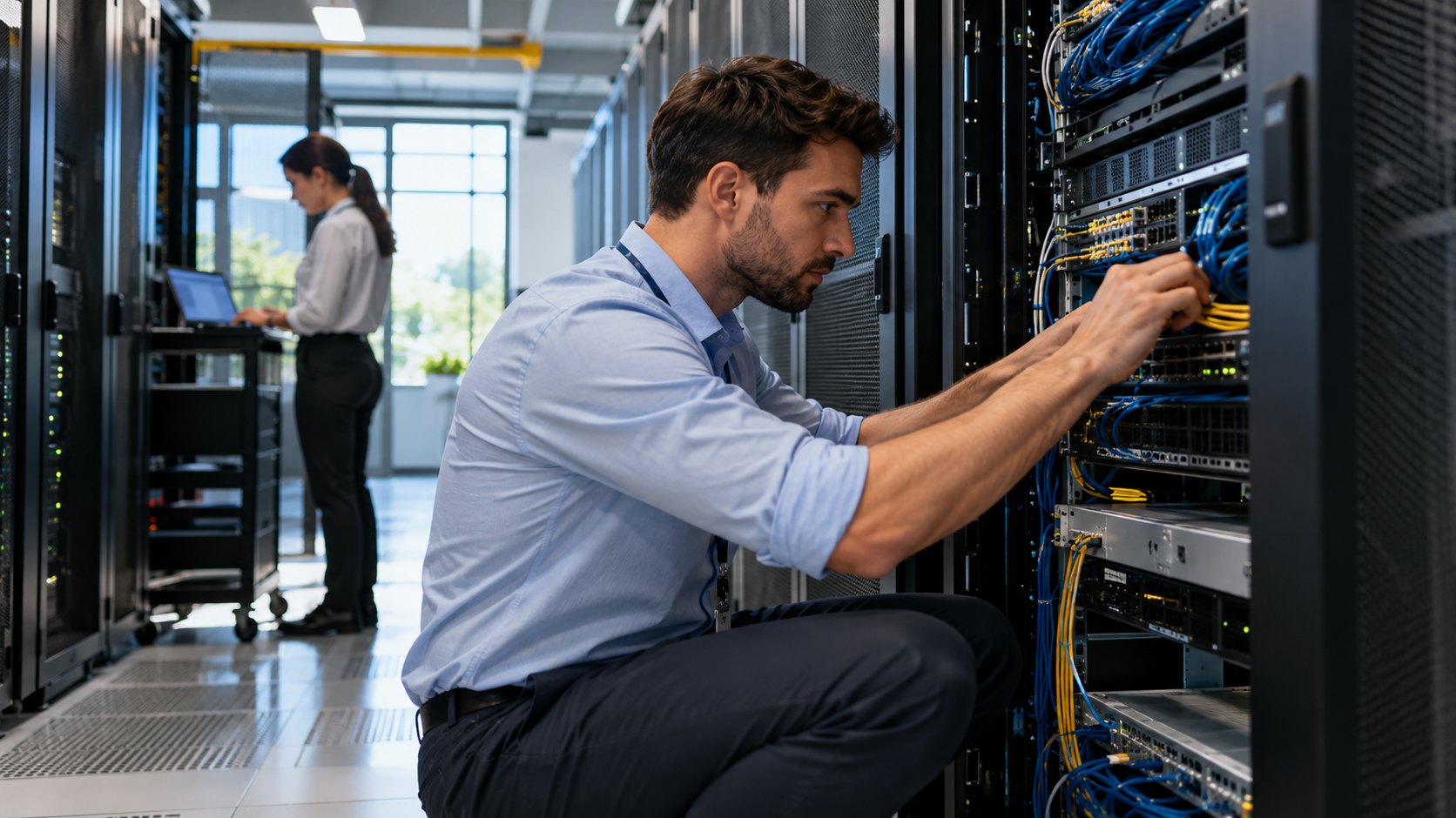 Man kneels connecting cables inside a server rack, a woman works at racks further down
