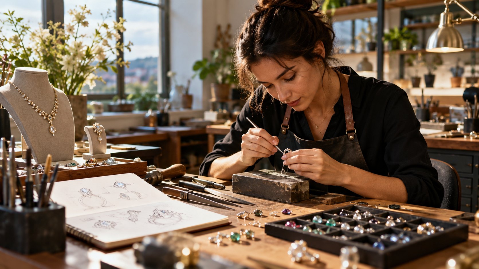 Woman in apron shapes metal at a workbench with ring sketches and trays of coloured gemstones