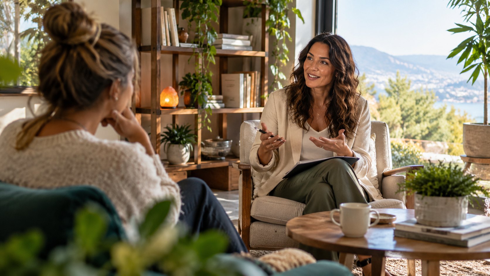 Woman gestures while talking to another woman seated opposite, bookshelves, candle and coffee cups nearby