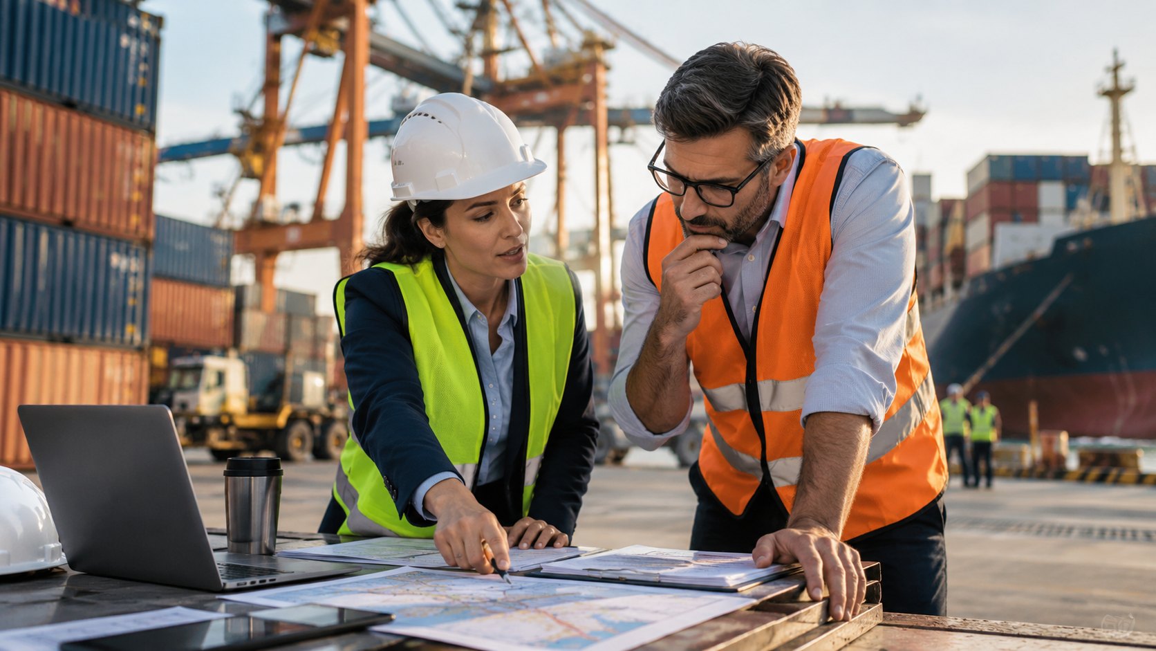 Two workers lean over plans on a crate beside a laptop, containers and ship hull behind