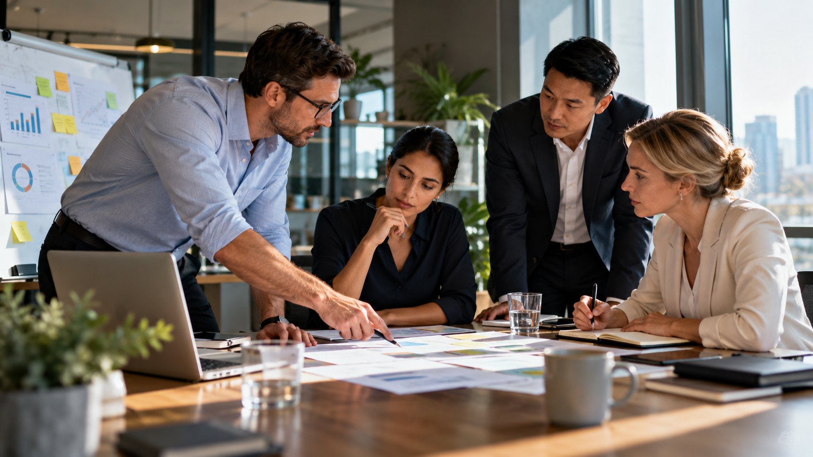 Man leans on the table pointing at papers while three colleagues study the same documents
