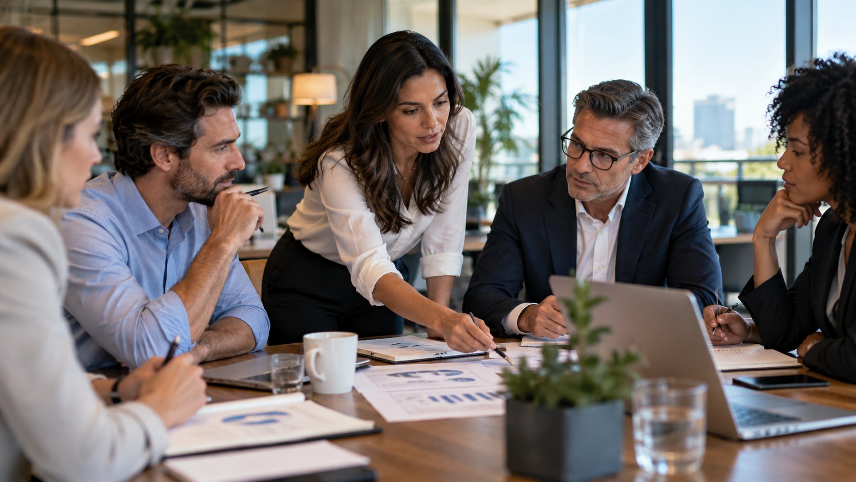 Woman leans over the table pointing a pen at printed charts, five colleagues around her