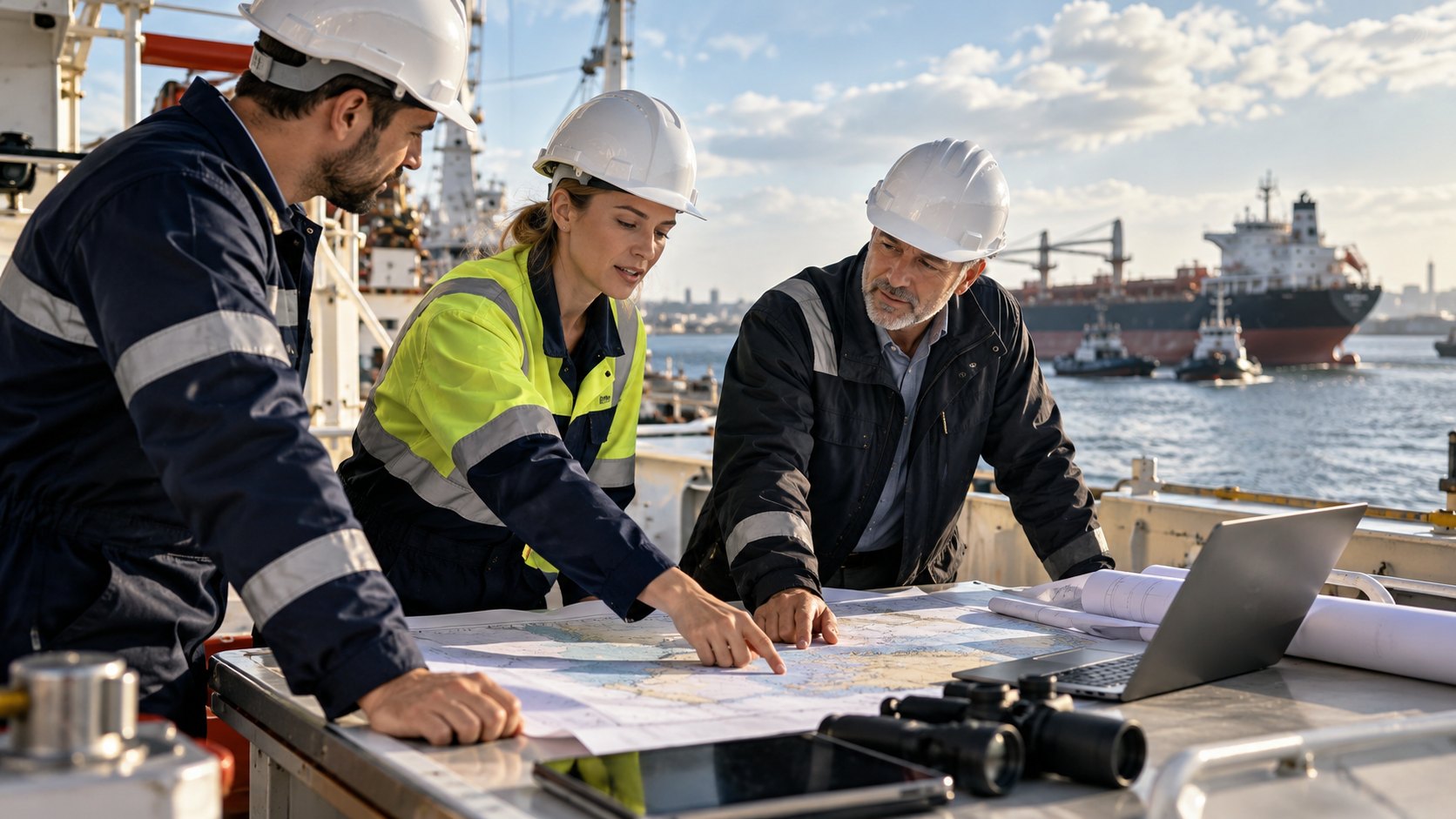 Three in hard hats study drawings on a quayside table with binoculars, laptop and tugs behind
