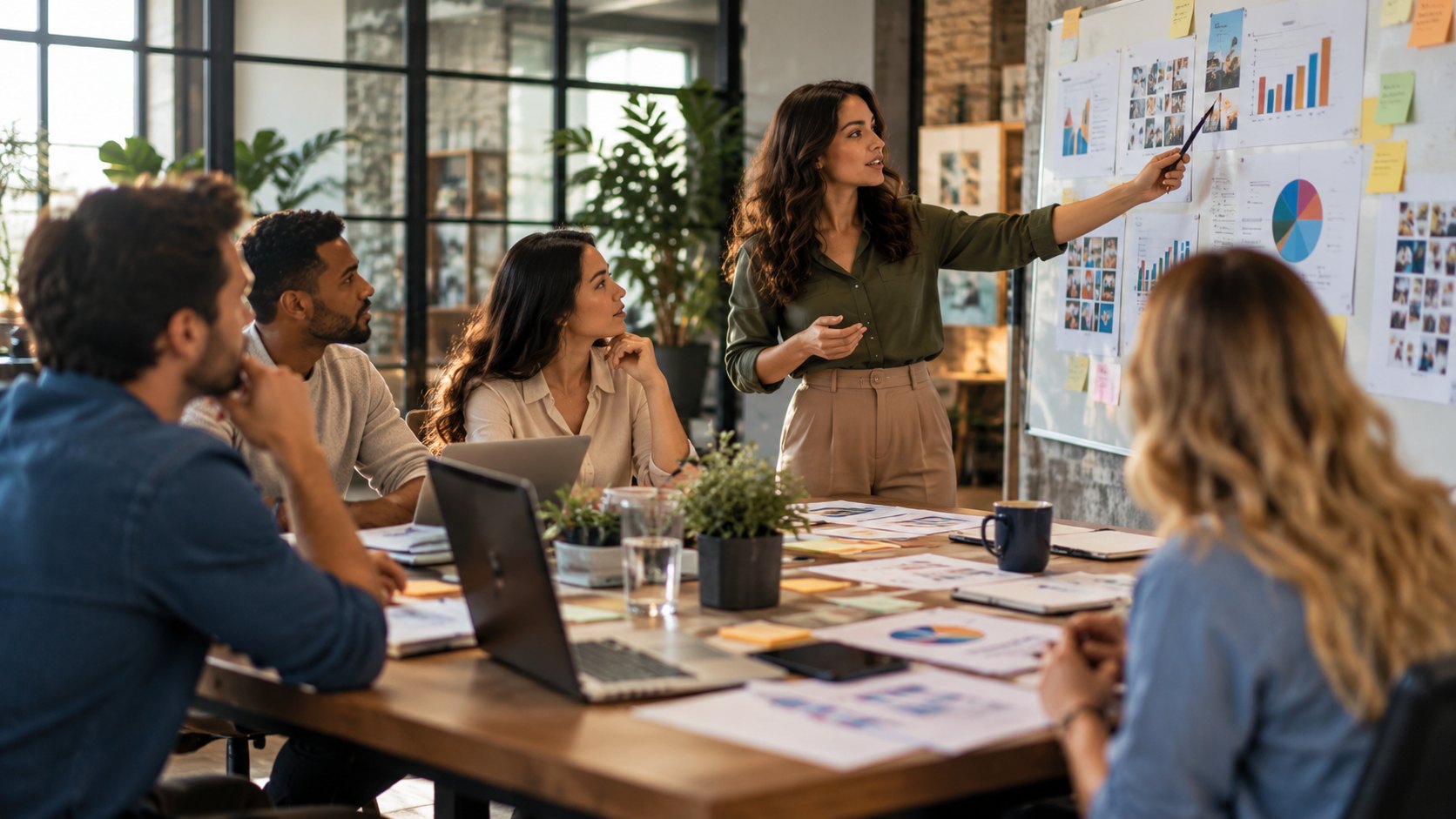 Woman points a pen at a board of charts and sticky notes, five colleagues watching seated