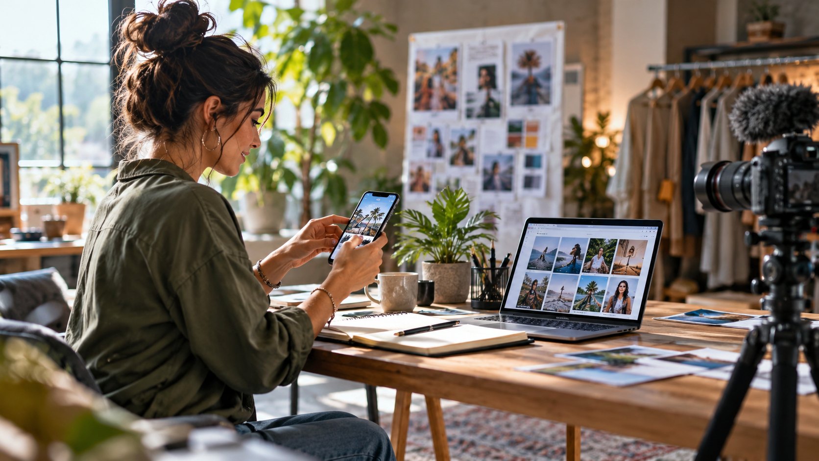 Woman holds a phone beside a laptop of image tiles, camera on tripod and clothes rail