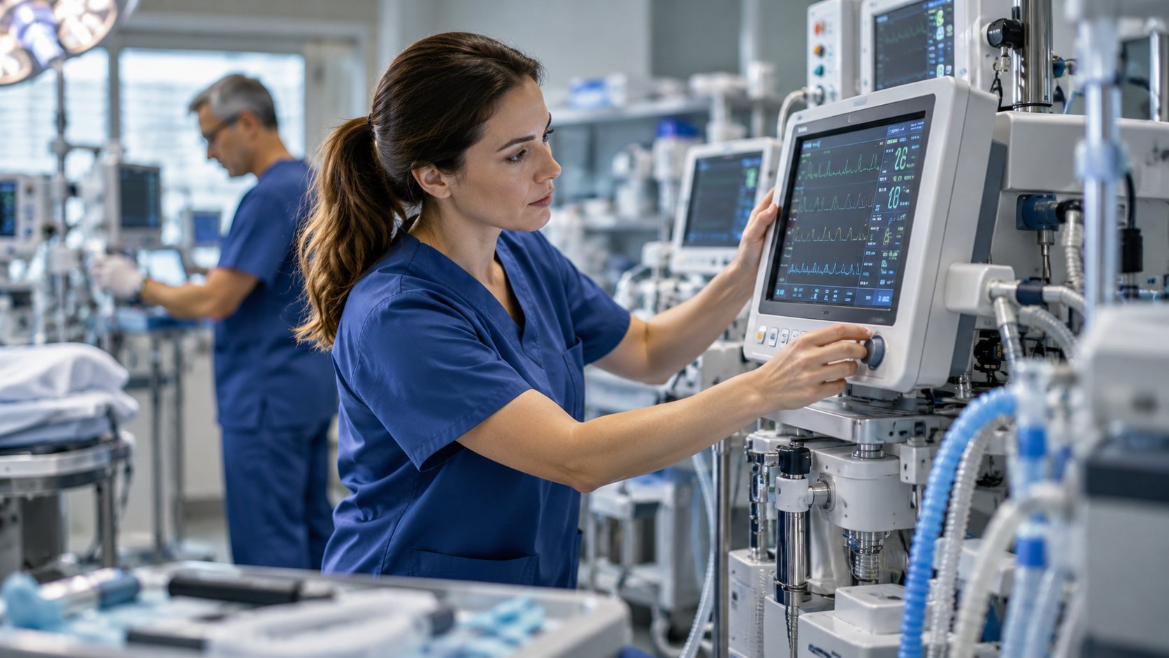 Close view of a woman in scrubs touching a monitor screen beside coiled blue tubing