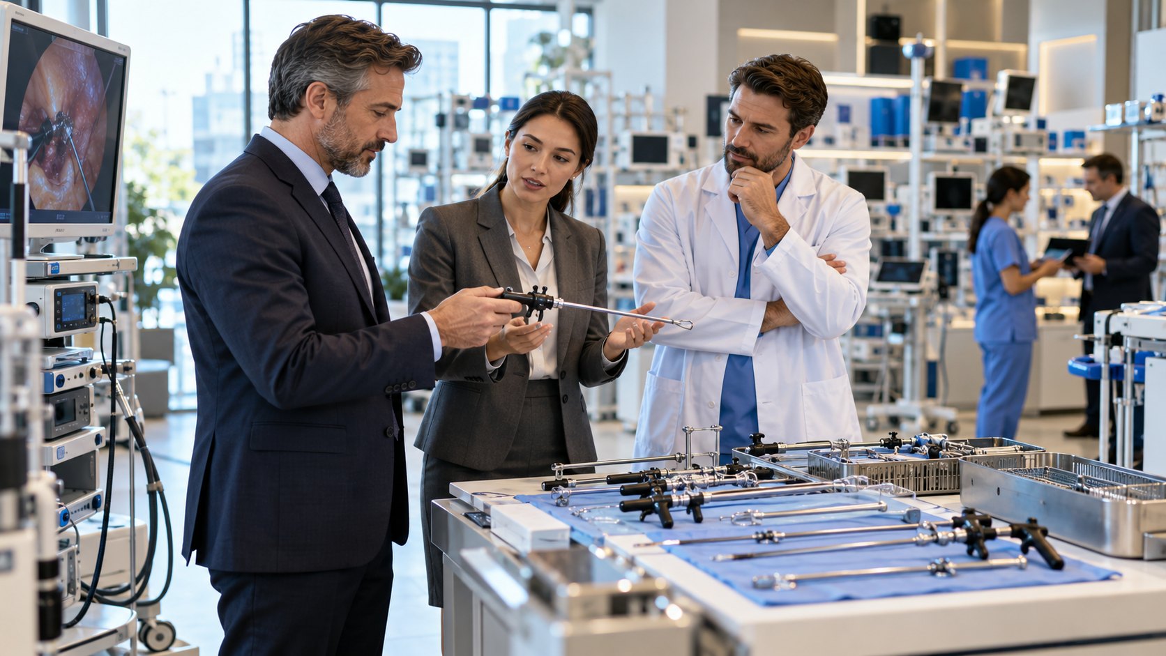 Three people examine a slim steel instrument above an open tray of laparoscopic tools