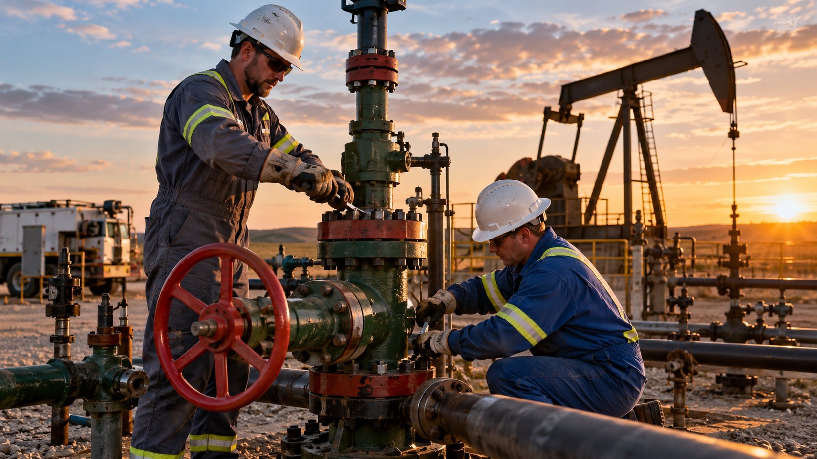 Two helmeted workers at a wellhead, one crouching by a pipe beside a red handwheel