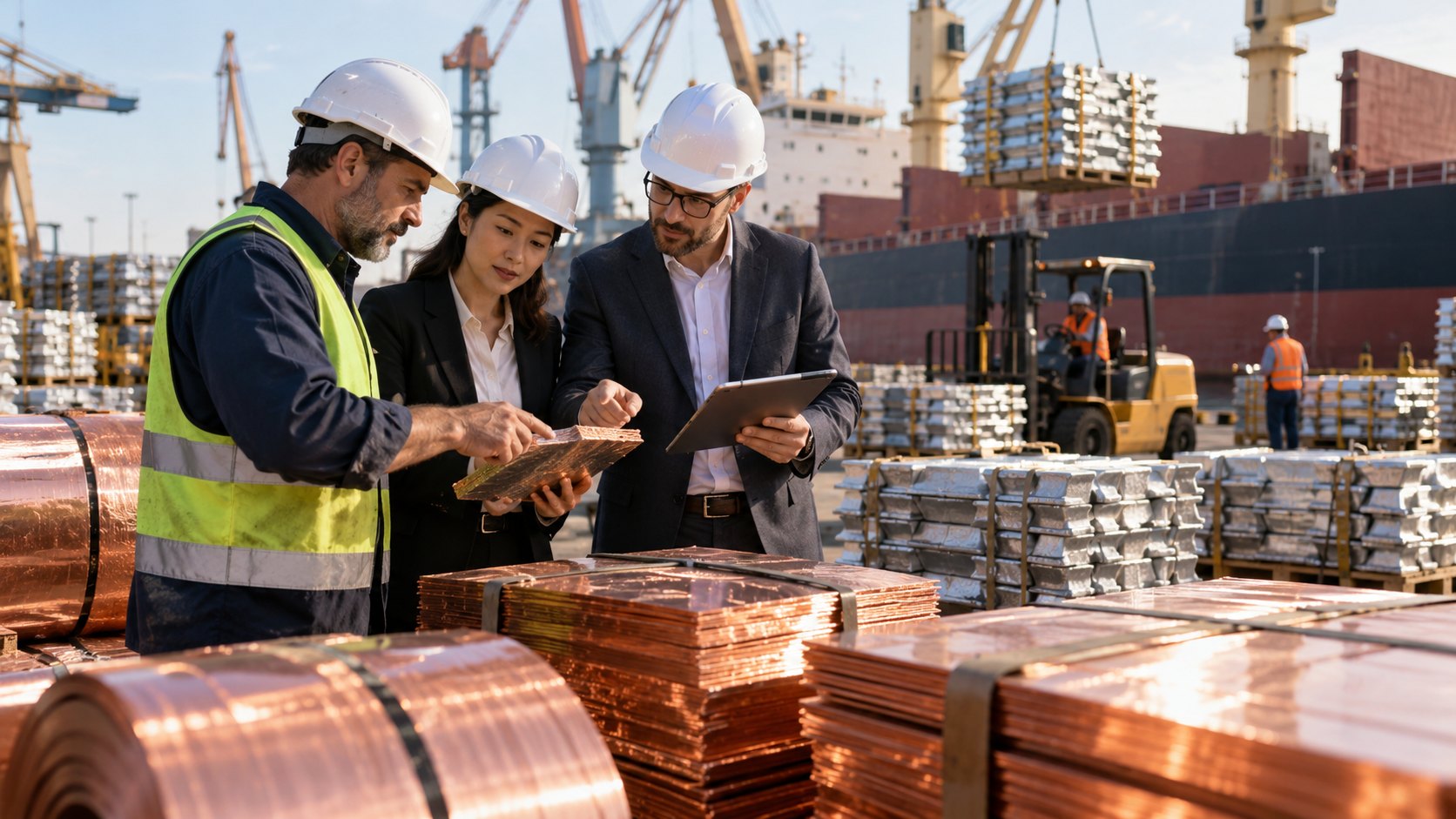 Three people with tablet and clipboard inspect stacked copper plates and aluminium ingots at a dock
