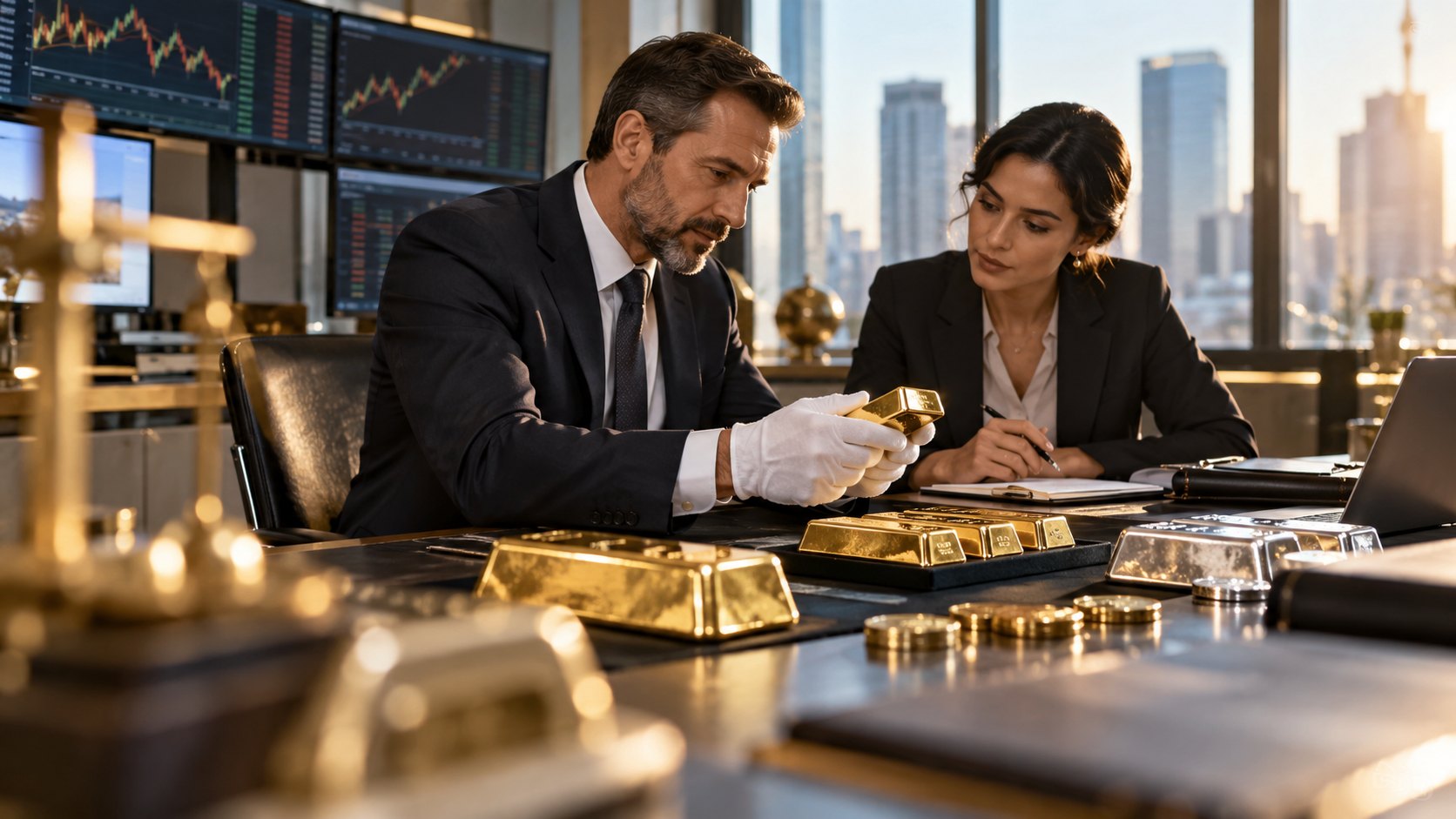 Bearded man in white gloves lifts a gold bar while a woman writes notes, bars stacked