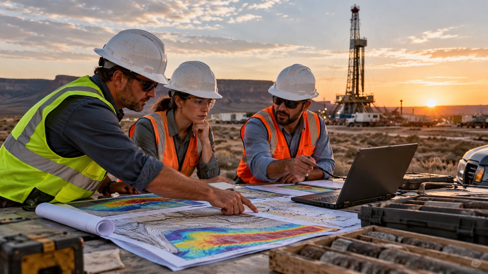 Three helmeted men study a colour map and laptop on crates, drilling derrick in desert
