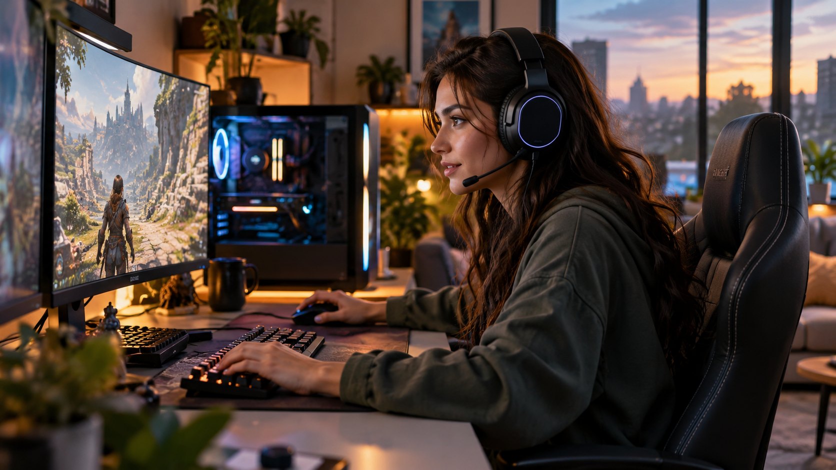 Woman in a hoodie and headphones plays at a curved monitor beside a lit glass tower