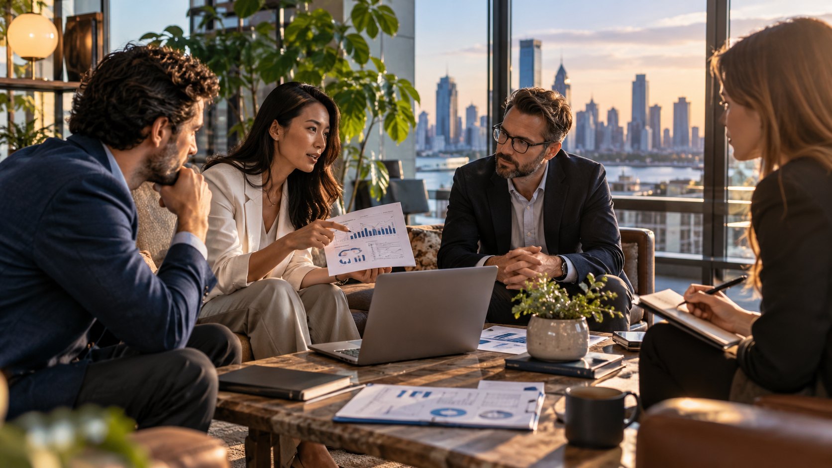 Four people on low seats discuss a printed chart and laptop, city towers through the window
