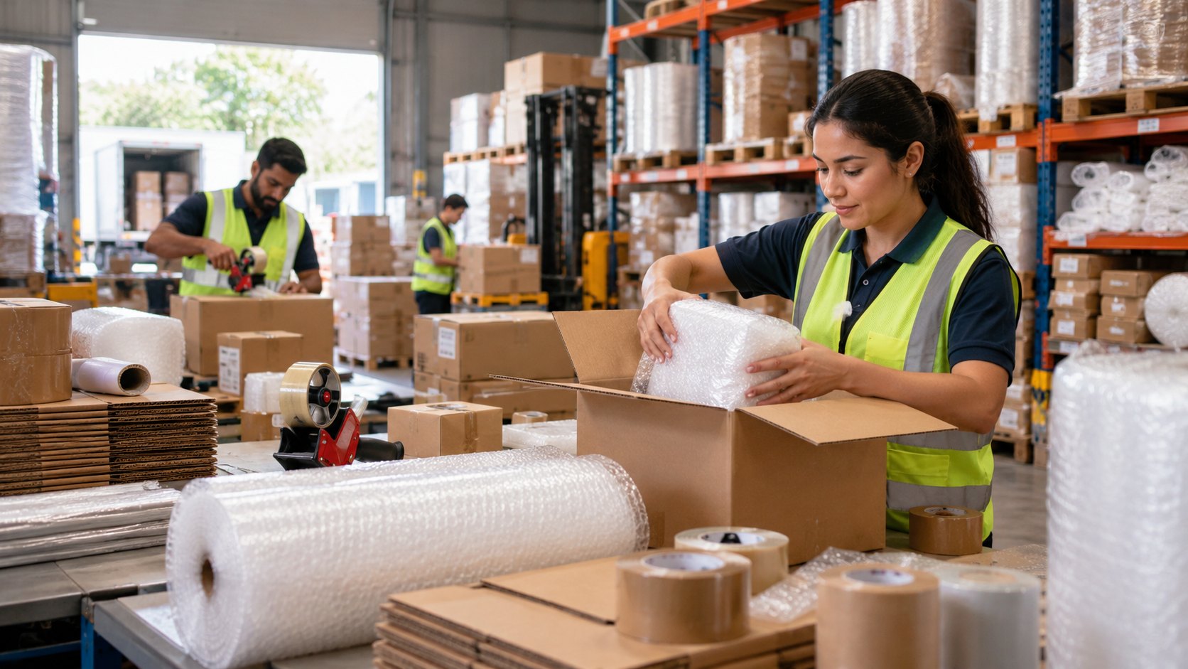 Woman in a hi-vis vest packs bubble wrap into a carton, rolls and tape around her