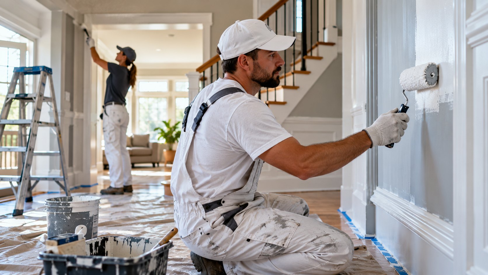 Kneeling painter rolls a white interior wall beside a roller tray, second painter near the staircase