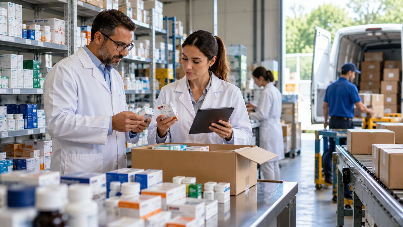 Two people in white coats check a bottle and tablet over an open carton, van behind