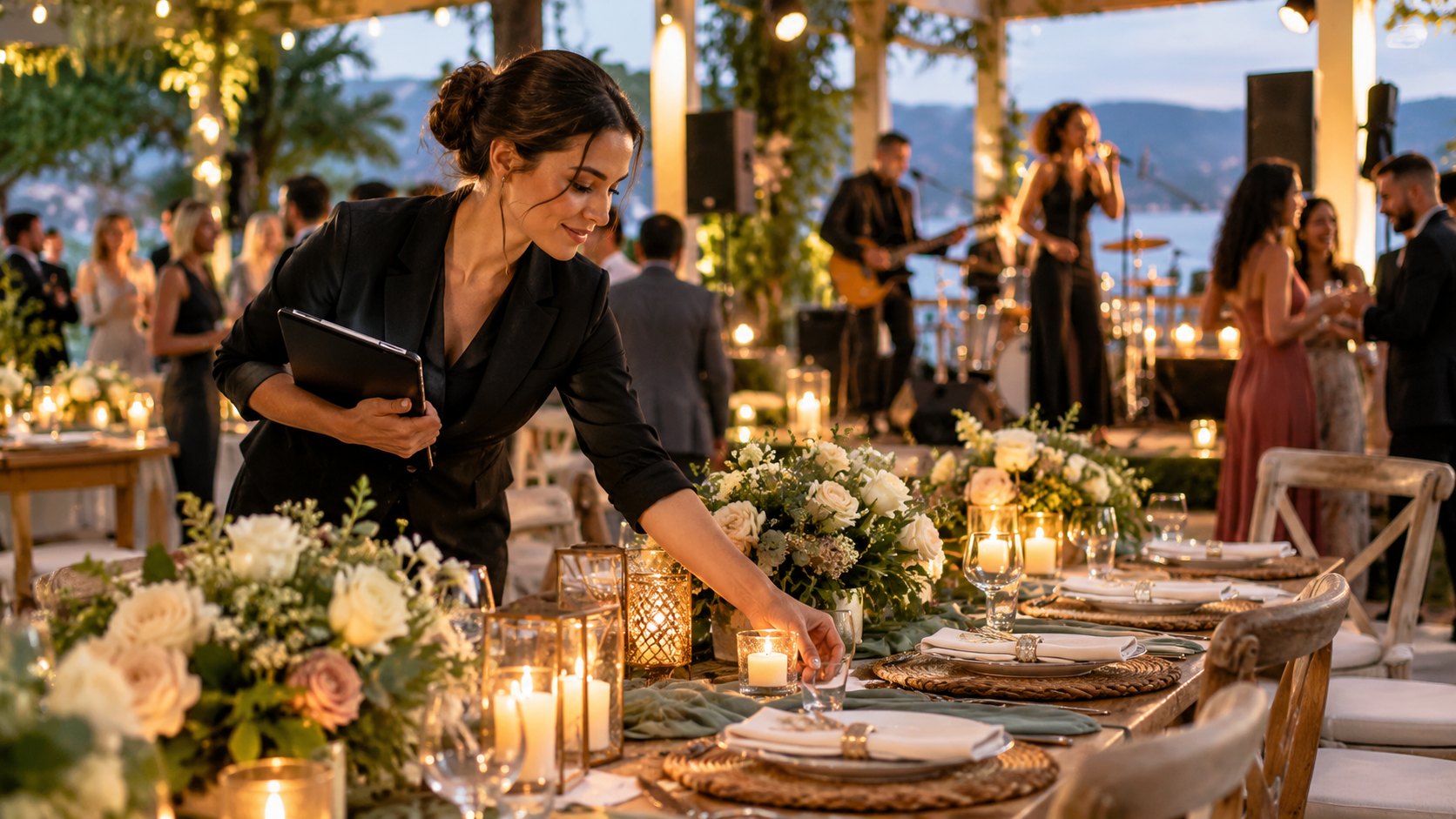 Woman holding a tablet adjusts a lantern on a flower-laden table, guests and band behind