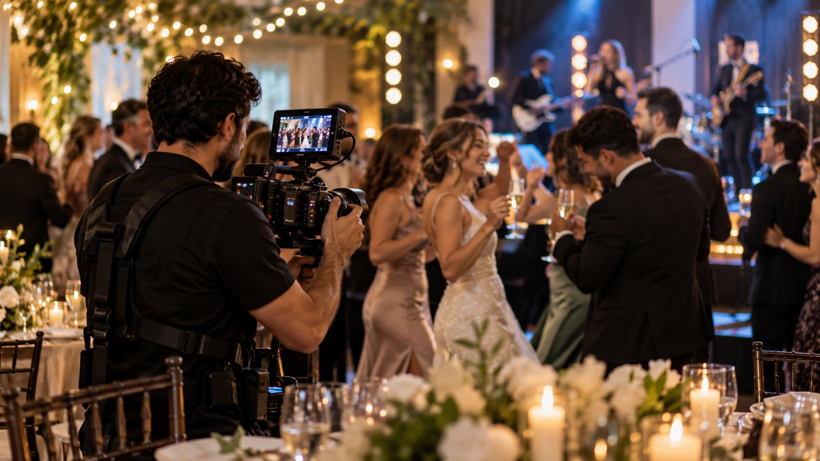 From behind, an operator films dancing guests on a monitor, band and candlelit tables beyond