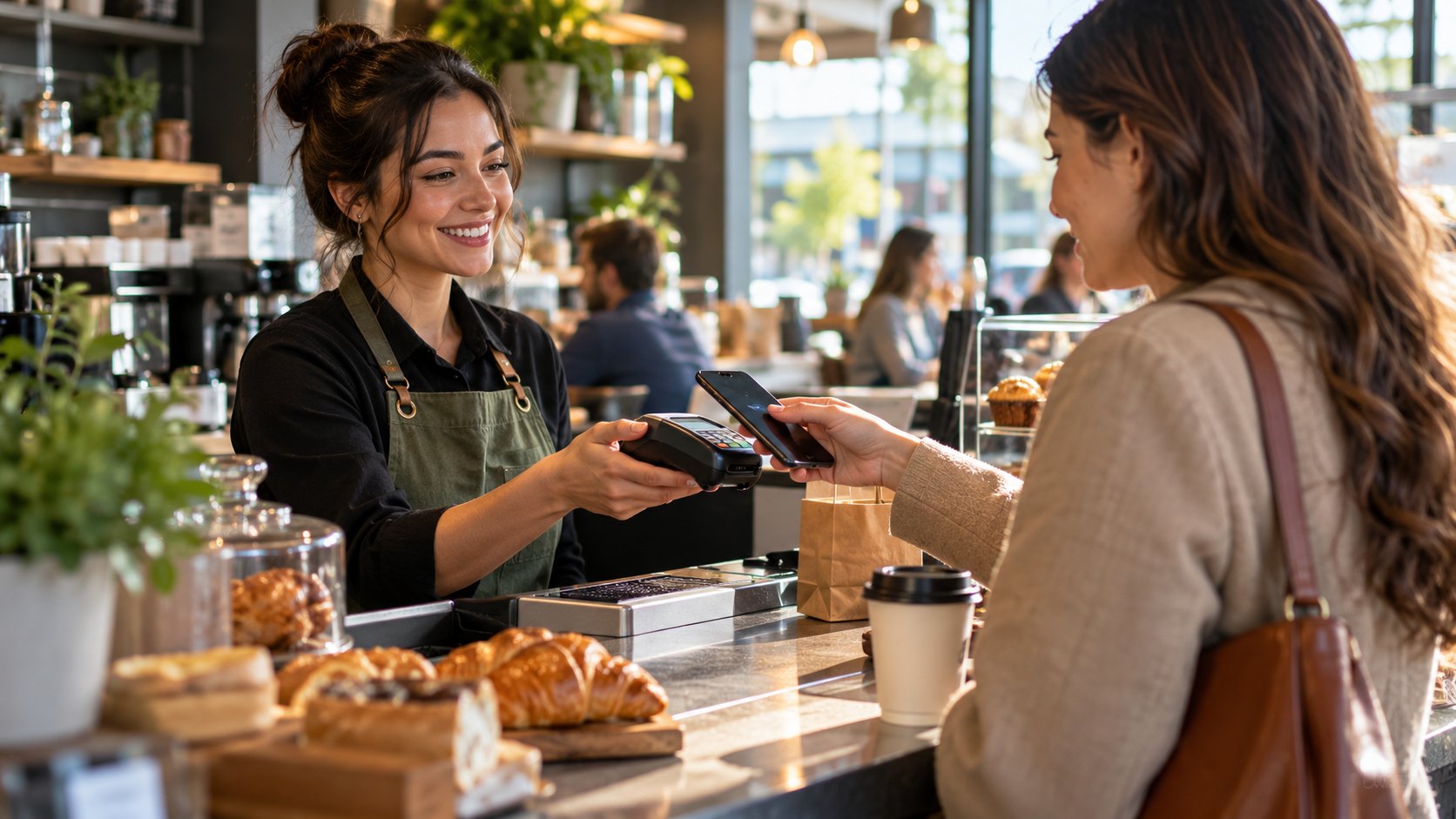 Barista holds out a card terminal as a customer taps, pastries and coffee on the counter