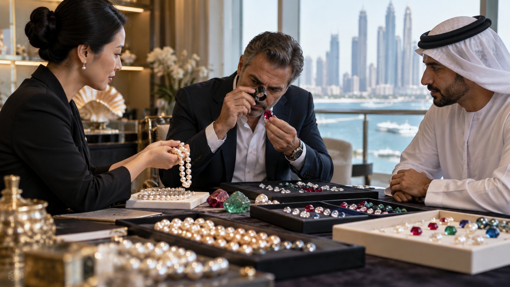 Woman lifts pearls while a man inspects a red stone through a loupe beside gem trays