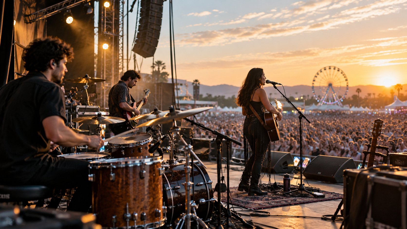 Drummer, bassist and singer on a festival stage, ferris wheel and crowd under orange sky