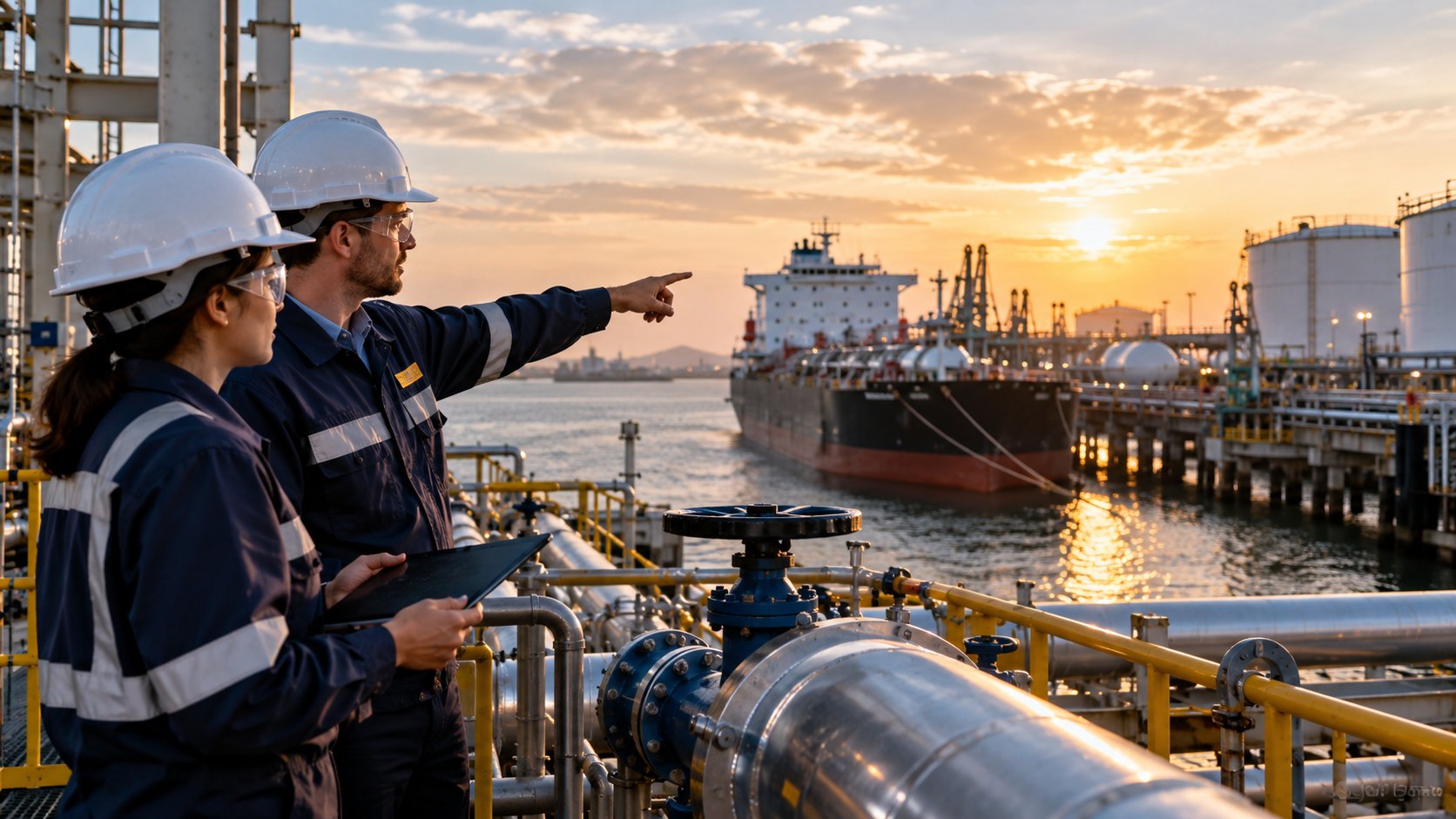 Two engineers in hard hats at a jetty pipeline, one pointing toward a ship at sunset