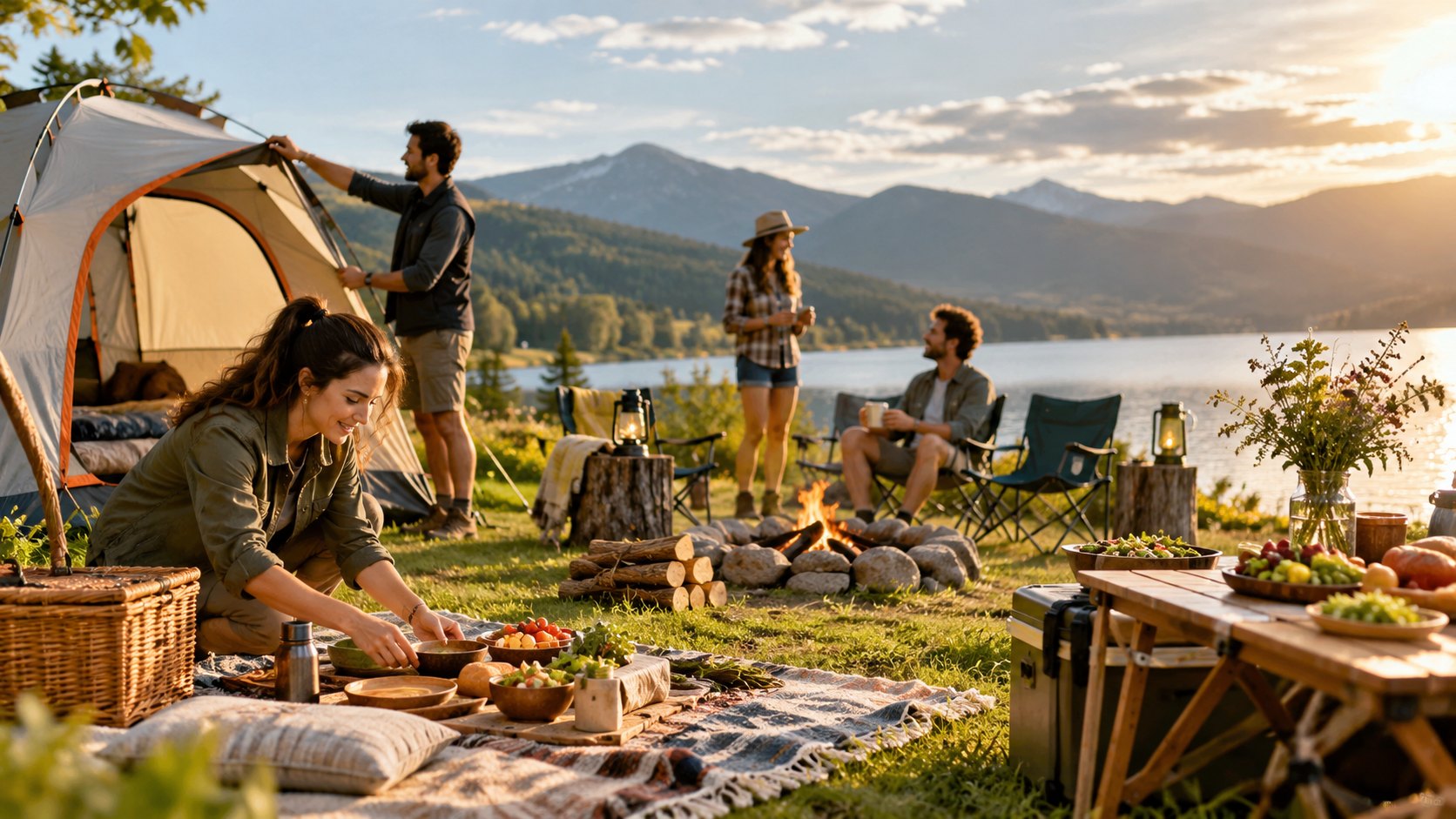 Woman setting food on a rug by a fire ring, others pitch a tent, mountains behind