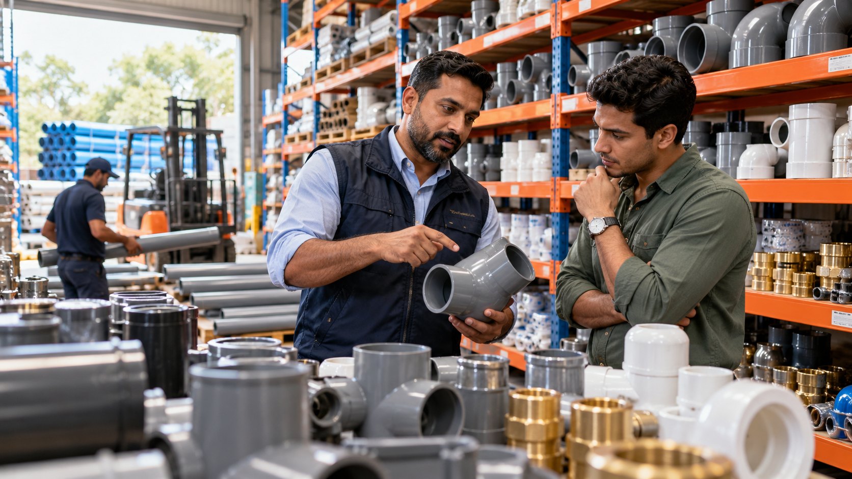Man shows a grey elbow joint to a customer, racked tubing and brass fittings on benches