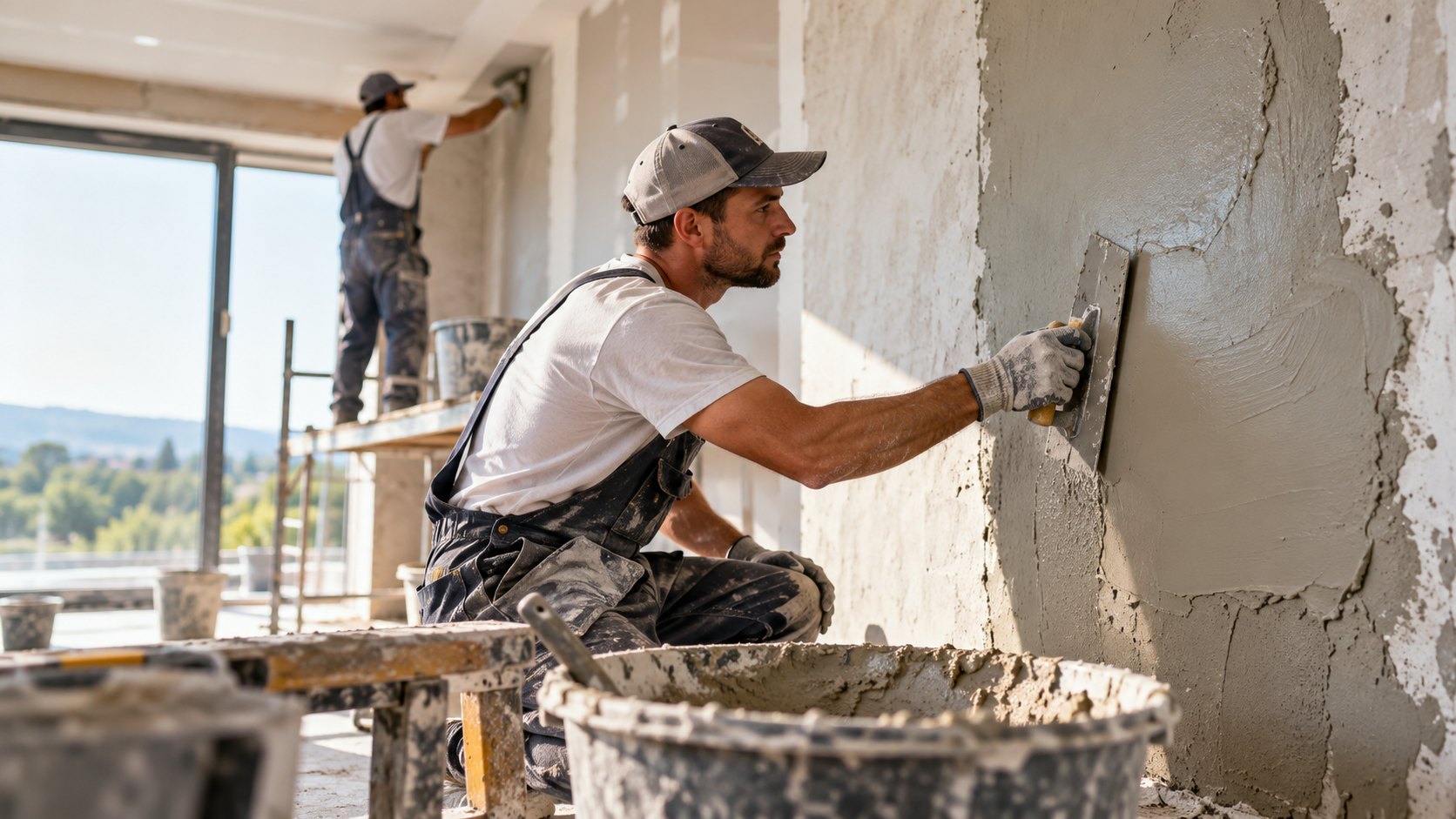 Kneeling worker in a cap floats grey render across an interior wall, buckets and mortar nearby