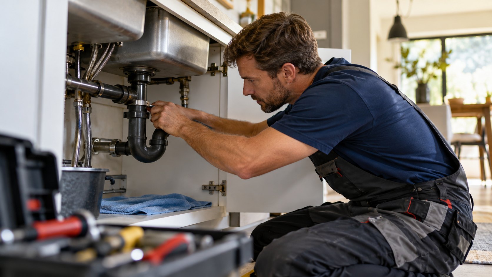 Bearded man in overalls tightening a white waste pipe under a kitchen sink, tools laid out