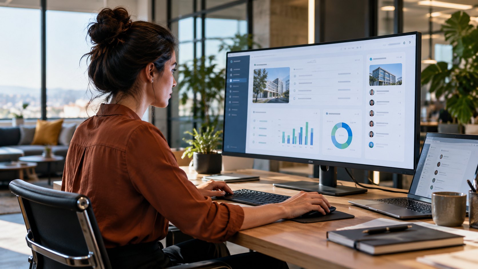 Woman at a desk working on a wide monitor showing property cards, charts and a laptop