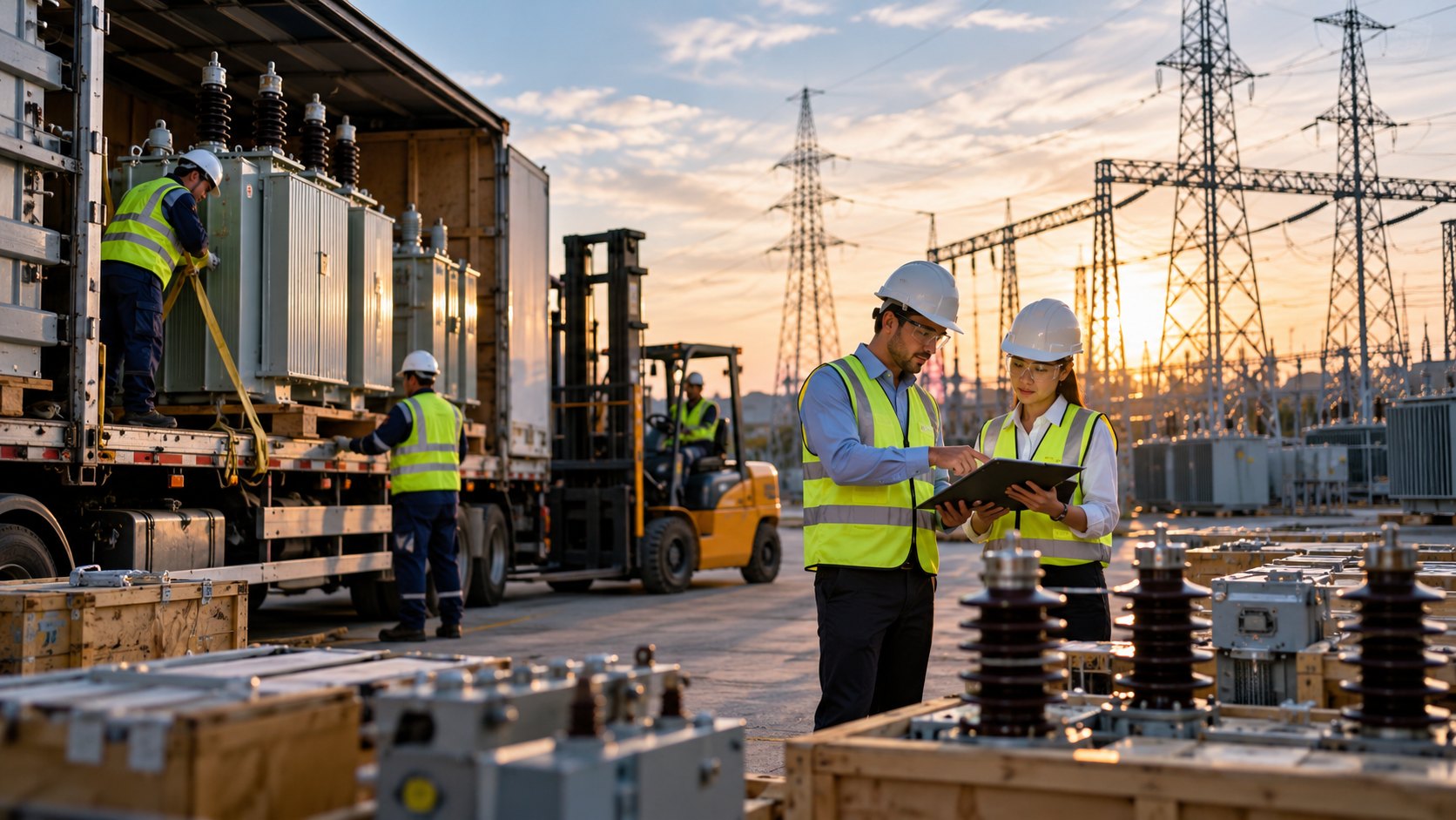 Two people with a tablet beside crated insulators, forklift and loaded lorry under power lines