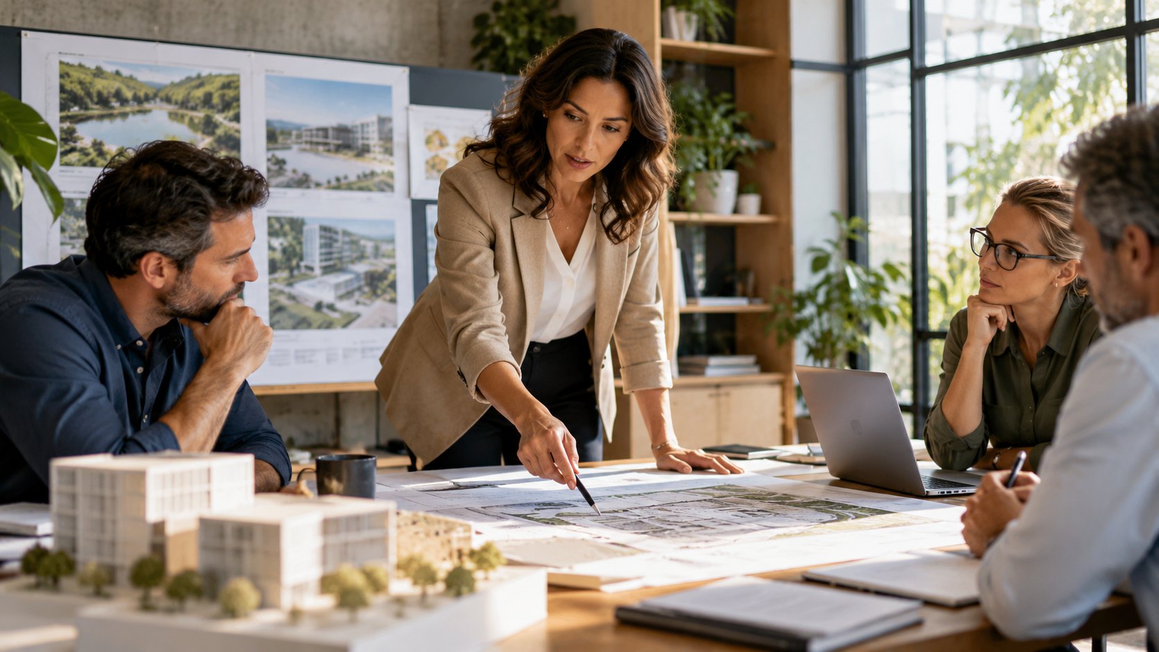 Woman points at plans on a table with three colleagues, white building model and pinned renders