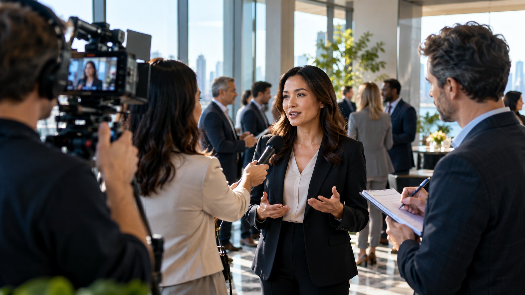 Woman in a dark suit answers a handheld microphone beside a camera operator and a notetaker