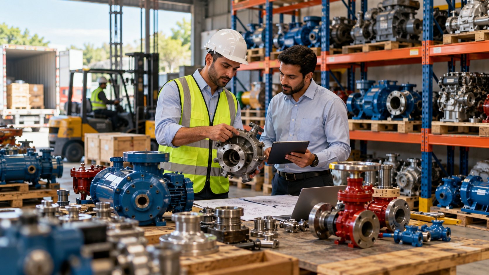 Man in a vest shows a metal coupling to a colleague, blue casings and racked shelving