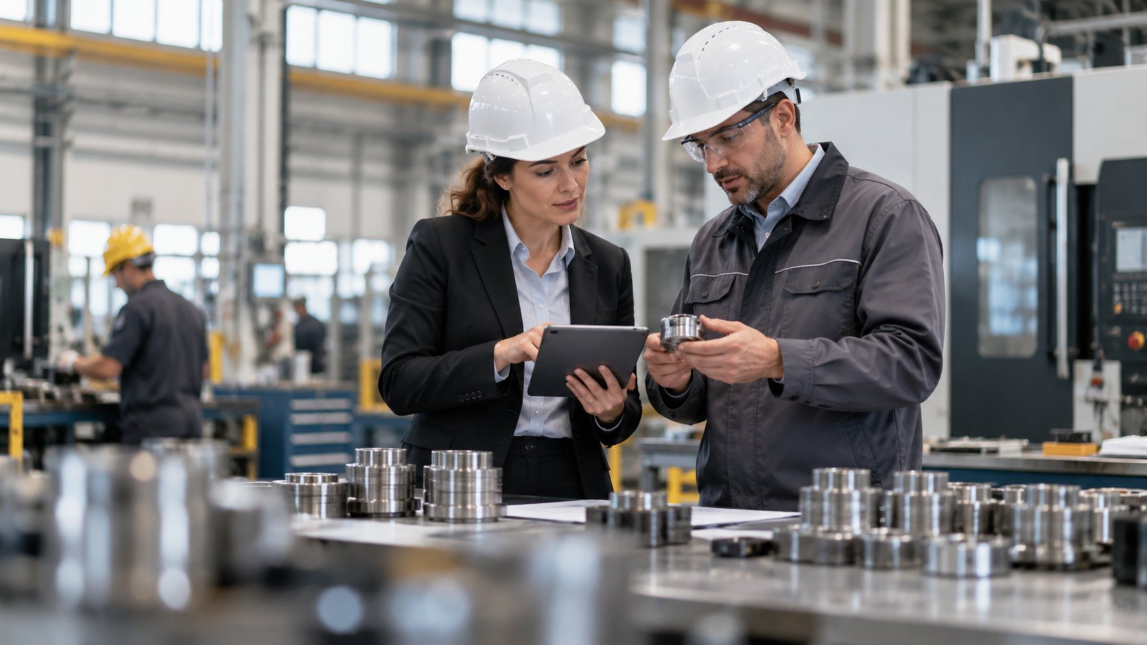 Woman with a tablet and a man in overalls examine a component above rows of cylinders