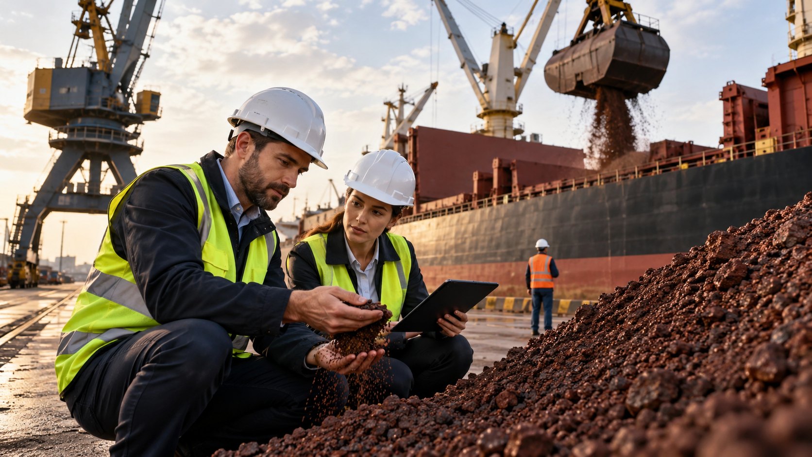 Man crouches holding ore pellets as a colleague notes on a tablet, grab crane unloading ship